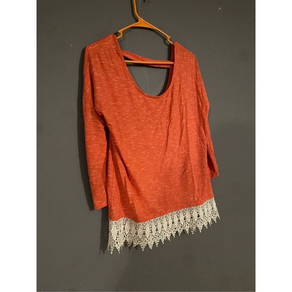 Takara Open Back Coral Top Blouse Crochet Lace Trim Hem Size Medium - Picture 4 of 6